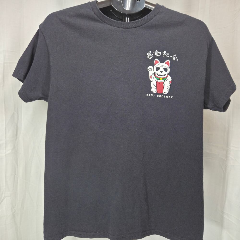 Riot Society Lucky Cat Graphic Tee Men’s Medium Black SS Anime Streetwear